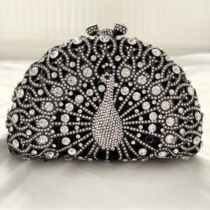 Natasha Rhinestone Peacock Mini Clutch | Clear Crystals | Black Metal